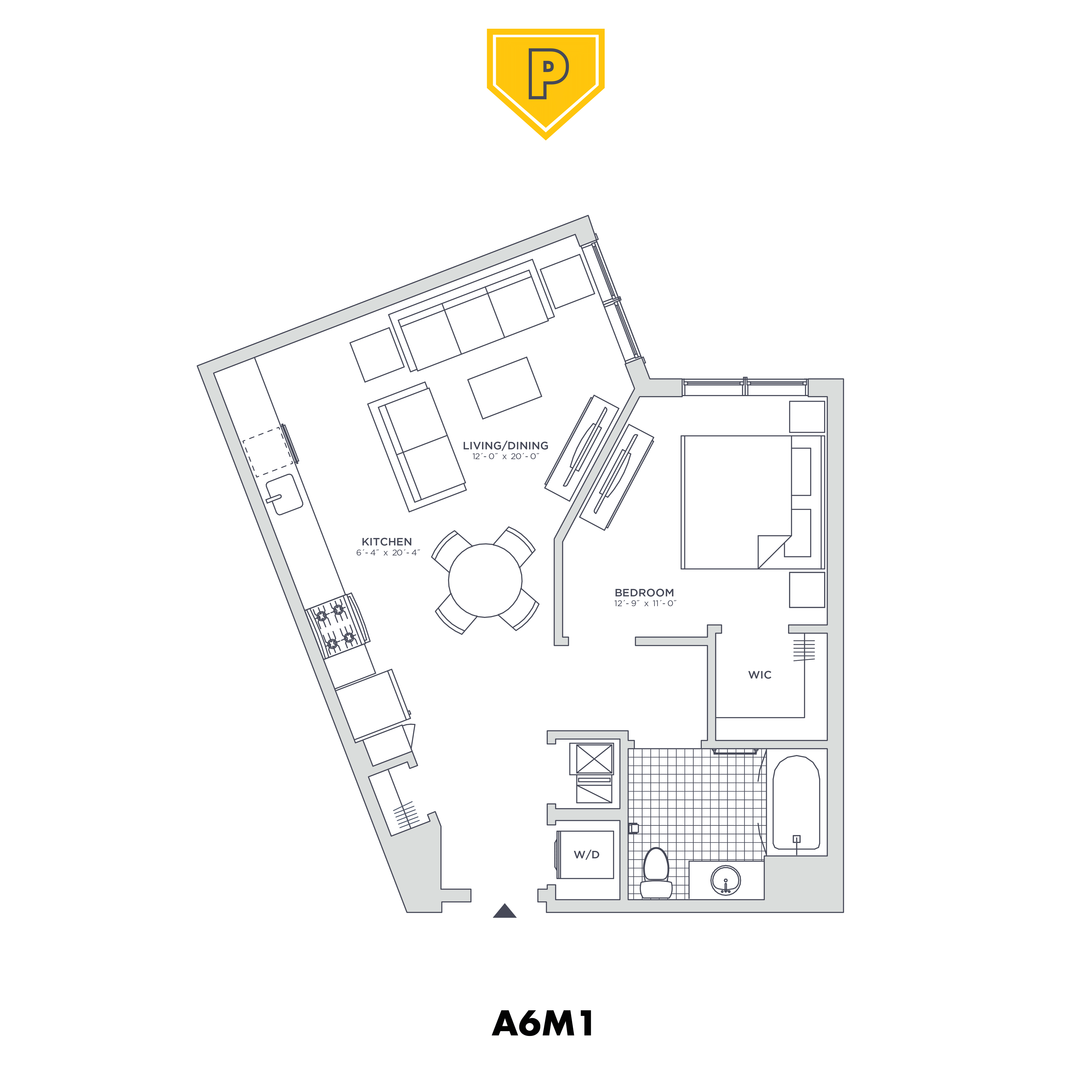 Floor plan for 1 bed, 1 bath, 709 sqft
